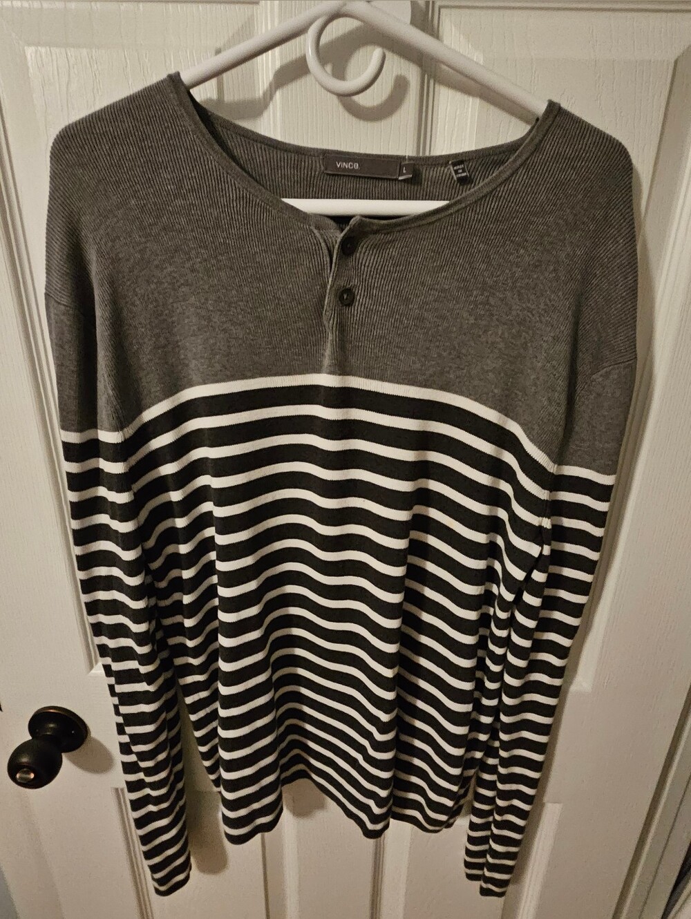 Men's Vince Grey & White Striped Henley Sweater